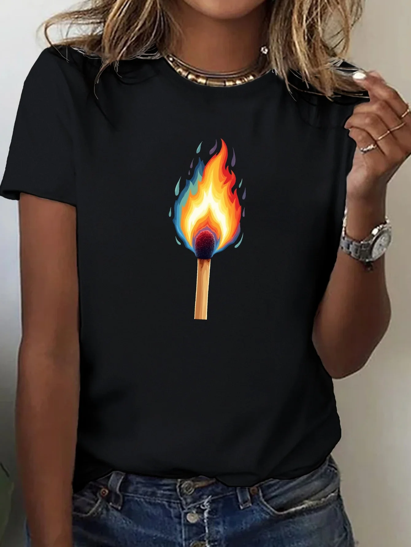 2026 Ignited Matchstick Colorful Flame Pure Women'S T-Shirts Are Comfortable and Harajuku Short Sleeve Casual Aesthetic Clothes