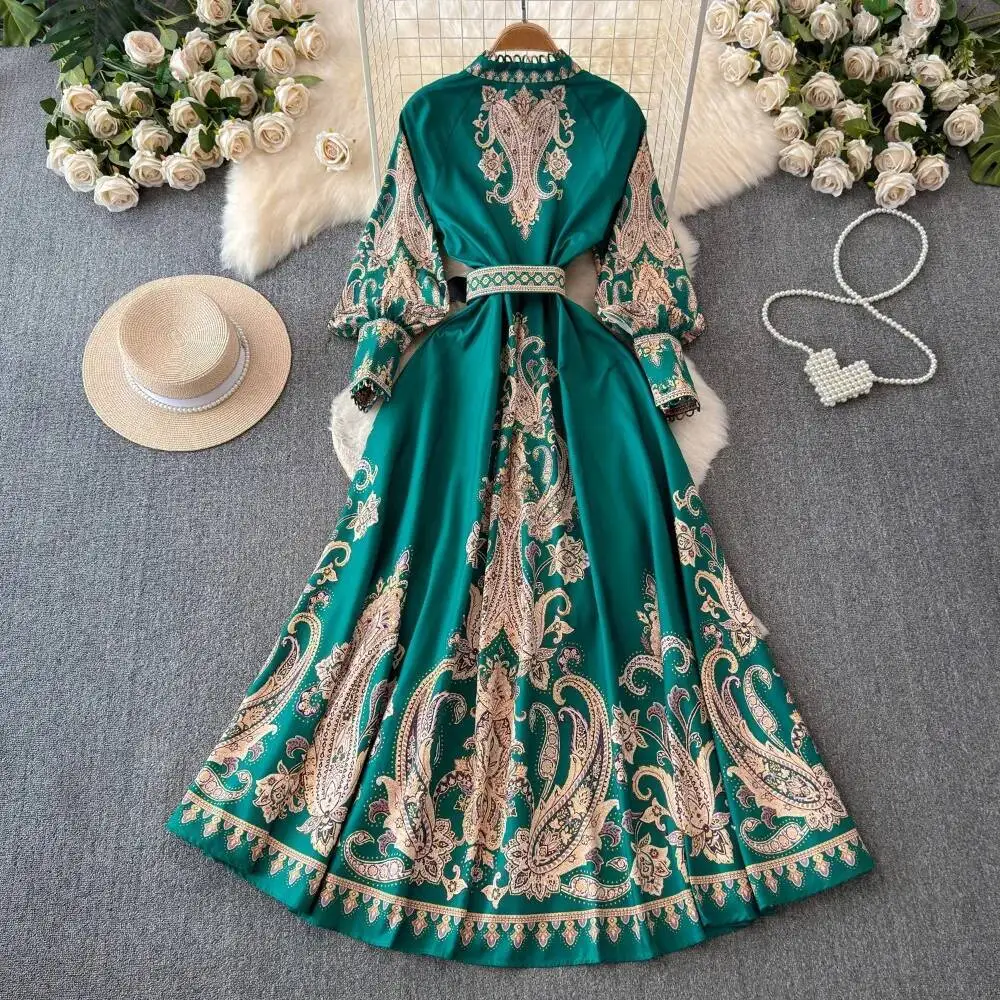 

BabYoung Elegant Print Stand Collar Lantern Sleeve Mujer Single Breasted Belt Court Dress Mid-Length Slim Fit Big Swing New Robe