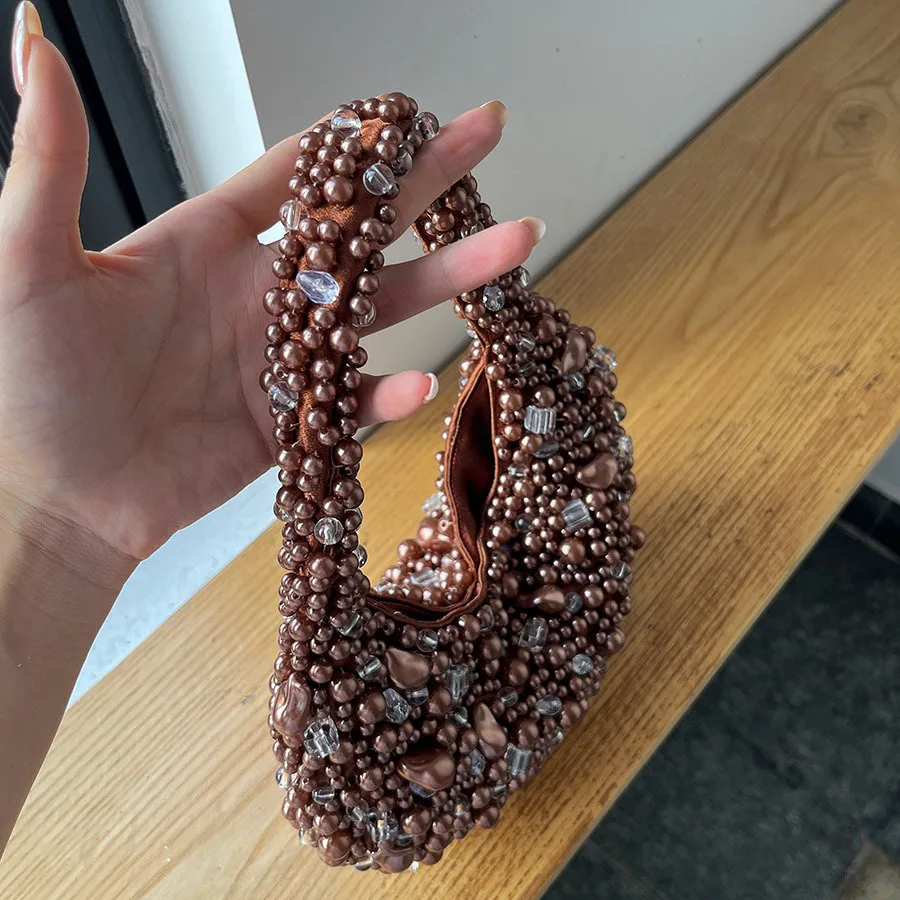 Versatile Casual Crystal Beaded Woven Bag Fashion Niche Design Portable Shoulder Underarm Bag