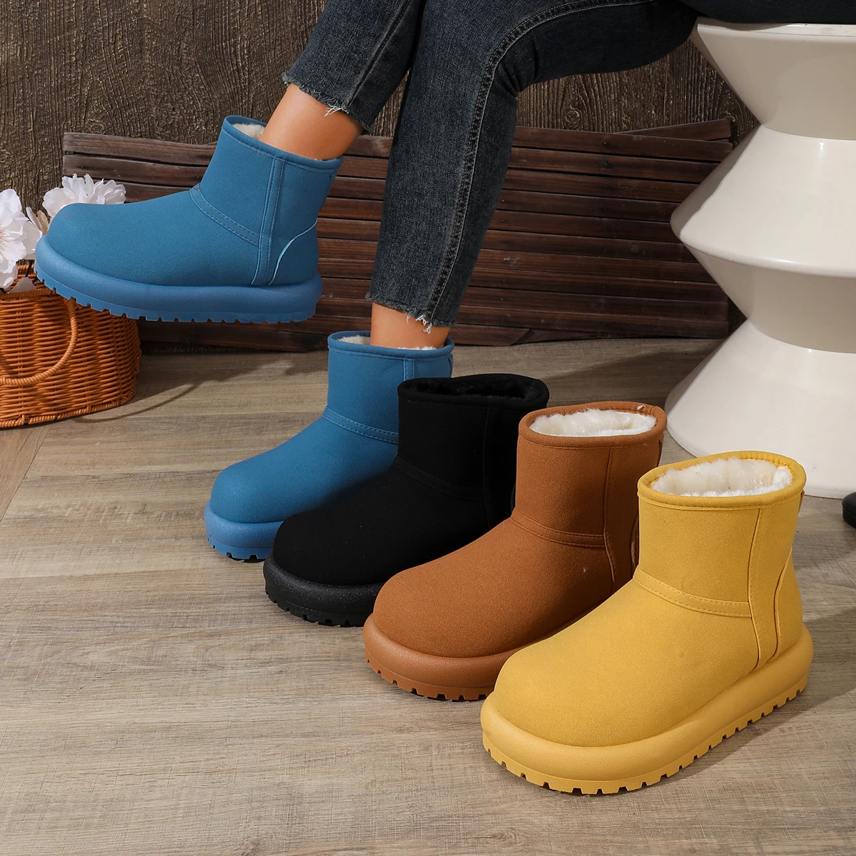 Women Snow Boots Fashionable Thickened Fluffy Shoes Women Large Size Thick Heel Short Boots Simple Comfortable Warm Ankle Boots