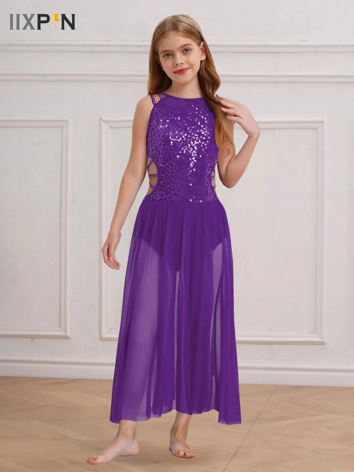 

Kids Girl Lyrical Dance Dress Rhinestones Strappy Cutout Side Split Mesh Ballet Figure Skating Gymnastics Performance Costume
