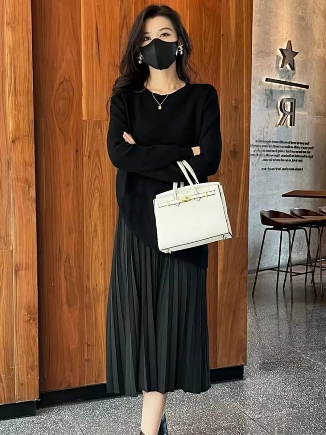 

plus Size Women Autumn Winter New Sle Knitted Long Knee-Length Pleated Dr round Neline Skirt for Plump Girls