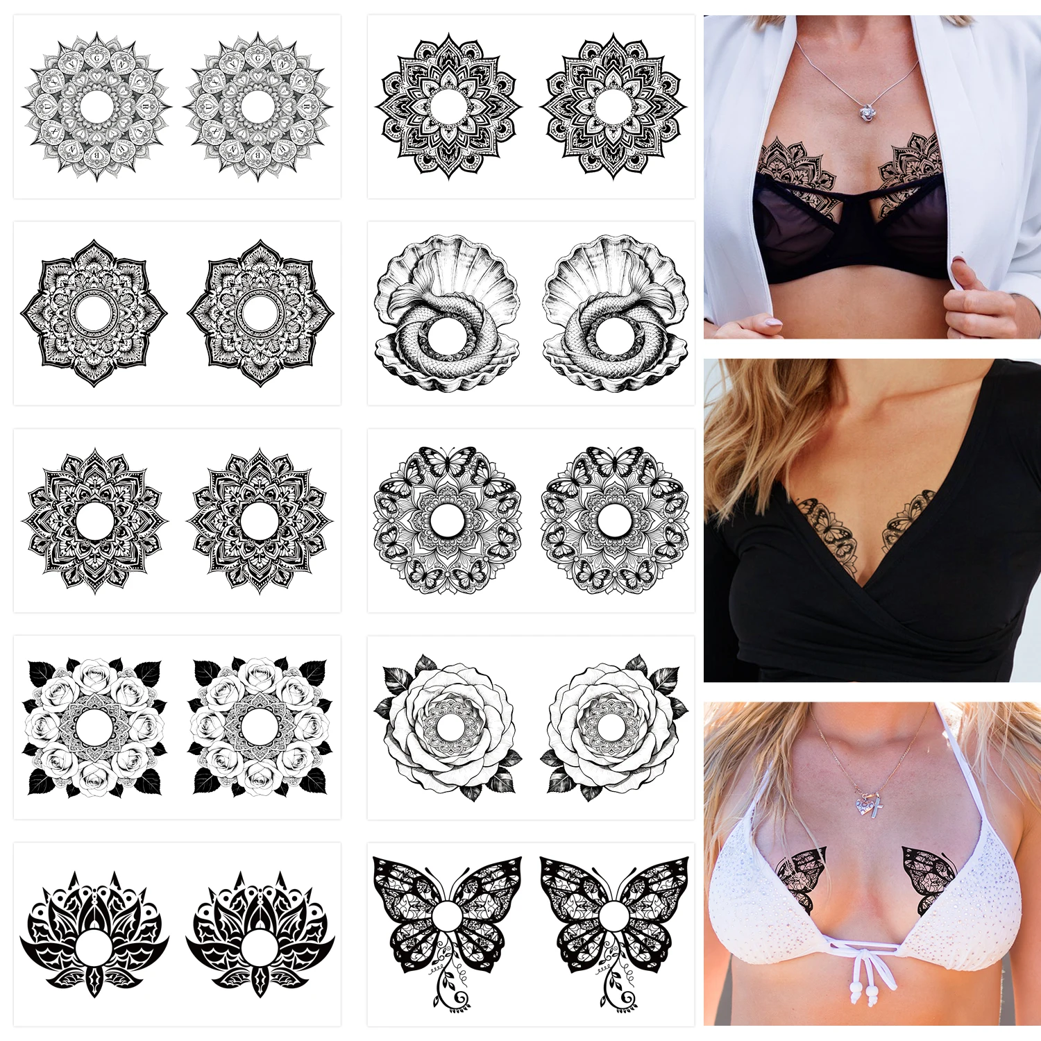 10 Sheets Sexy chest tattoo for adult , Mandala & butterfly tattoo, versatile body art stickers, waterproof and easy to remove