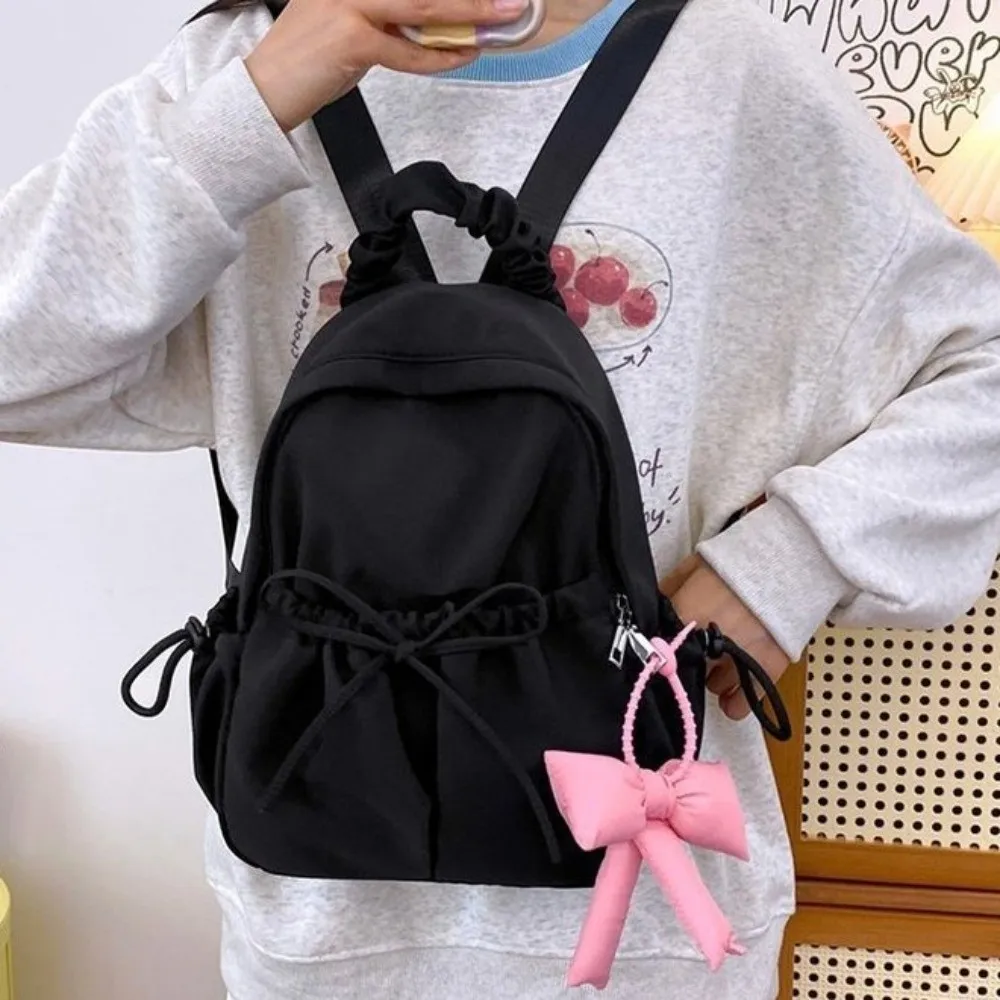 Nylon Student Drawstring Backpack Large Capacity Adjustable Shoulder Straps Travel Rucksack Soft Ruched Design Bow Daypack Women