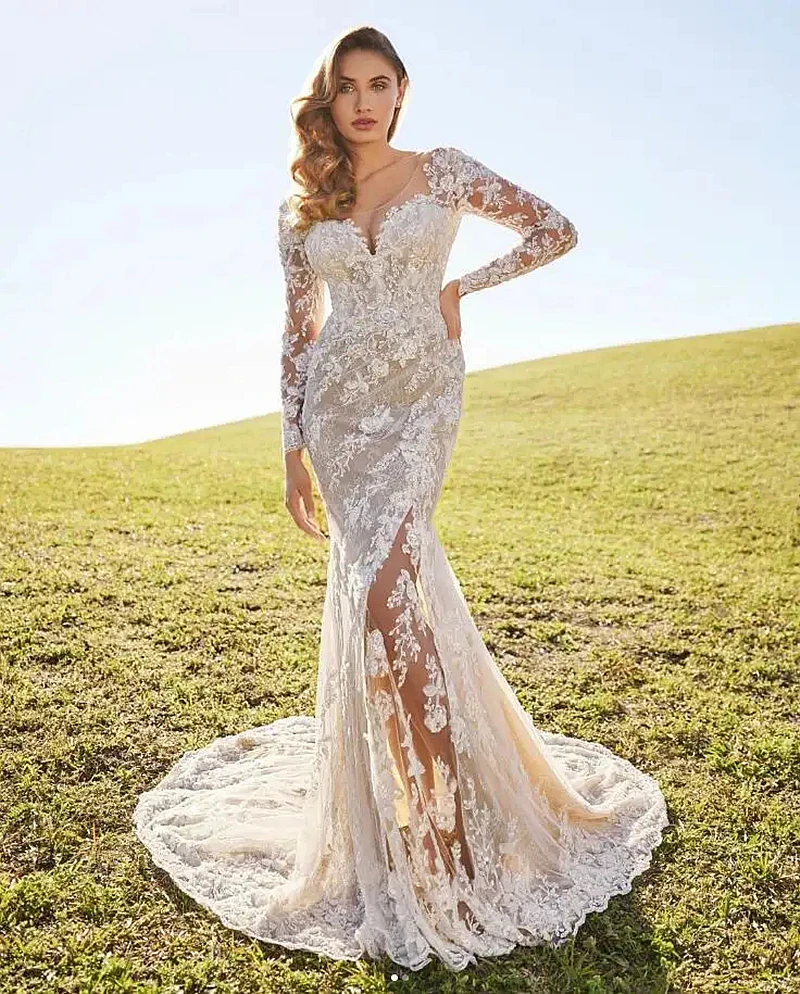 

Иллюзионные кружевные свадебные платья русалки с разрезом по бокам и жемчужным вырезом с длинными рукавами, пляжные свадебные платья в стиле бохо с открытой спиной и пуговицами, винтажные