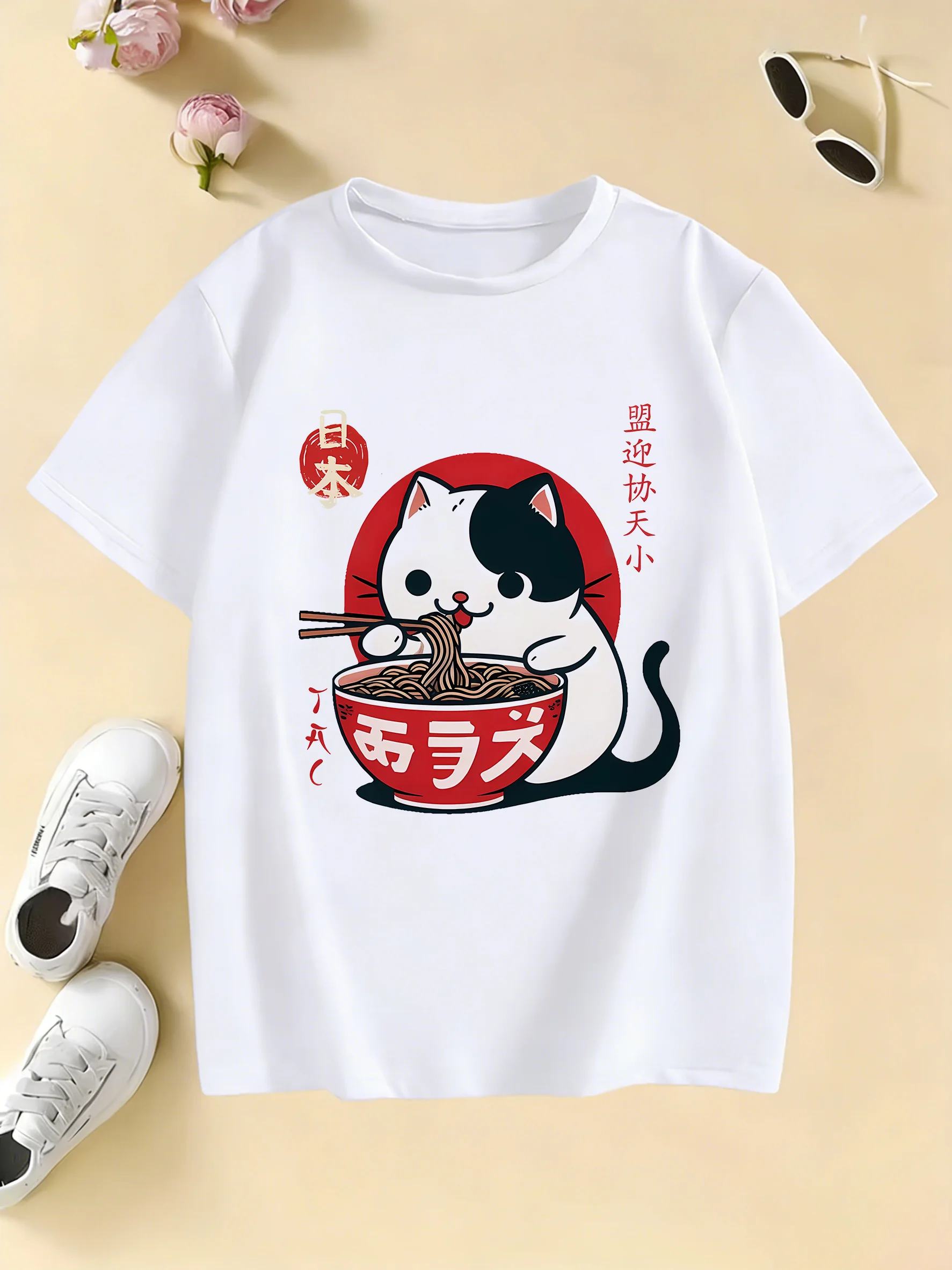 T-shirts met Japanse stijl 'Kat eet ramen' ontwerp, manga kinder T-shirts voor jongens en meisjes, zomer lente casual top tee