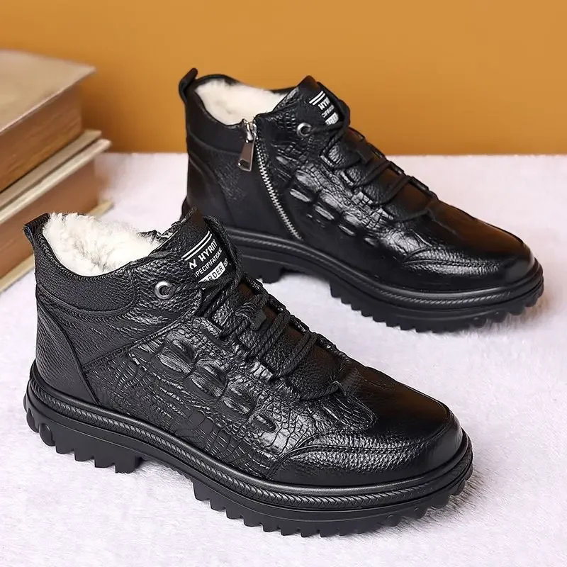 Snow Boots for Men Black High Top Lace Up Leather Winter Shoes Man Waterproof Casual Fashion Footwear Quality Fleece New in Fur