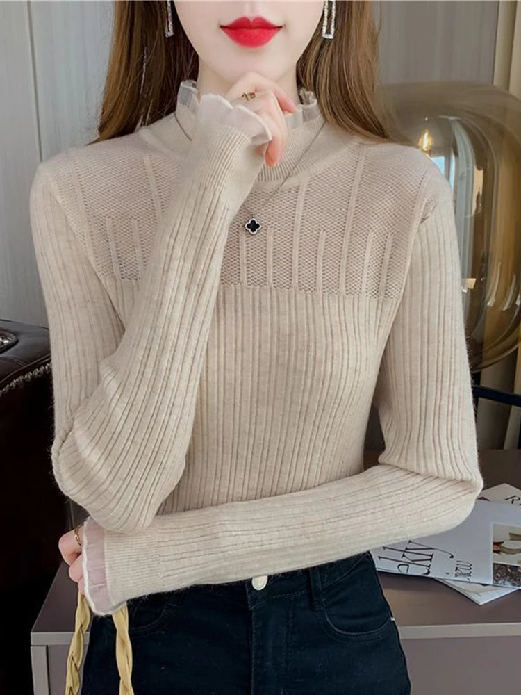 Lace Mock Neck Women Sweater Sexy See-through Knitwear Pullovers Jumper Autumn Winter Solid Soft Long Sleeve Sweaters Female Top