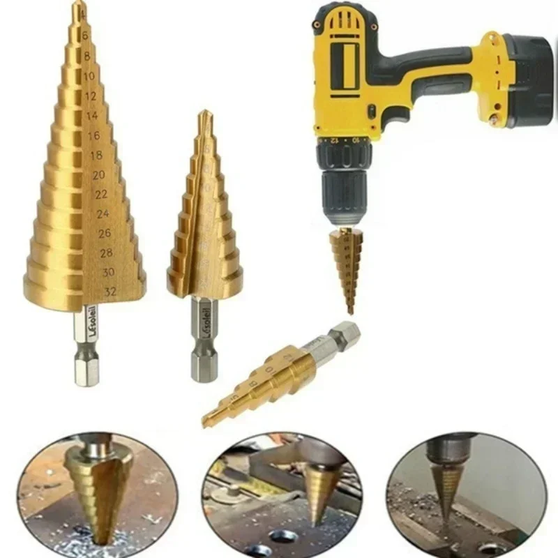 4-12/20/32mm HSS Steel Large Step Cone Titanium Coated Metal Drill Bit Cut Tool Set Hole Cutter (1Pcs Gold)