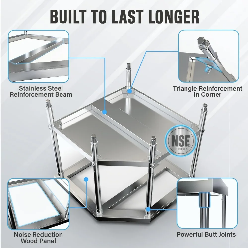 Corner Stainless Steel Work Table - Food Prep Tables for Commercial Kitchen - NSF Metal Heavy Duty Workbench with Backsplash