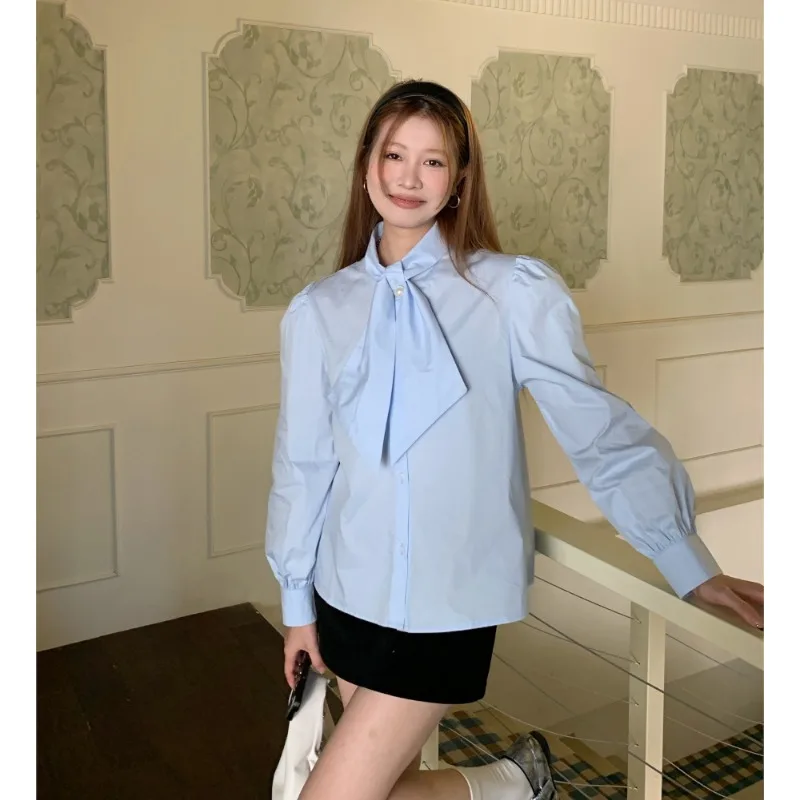 

Miiiix Korean Fashion Spring New Pearl Decoration Shirt Top Women's Loose Bow Tied Bubble Sleeve Shirts Female Clothing