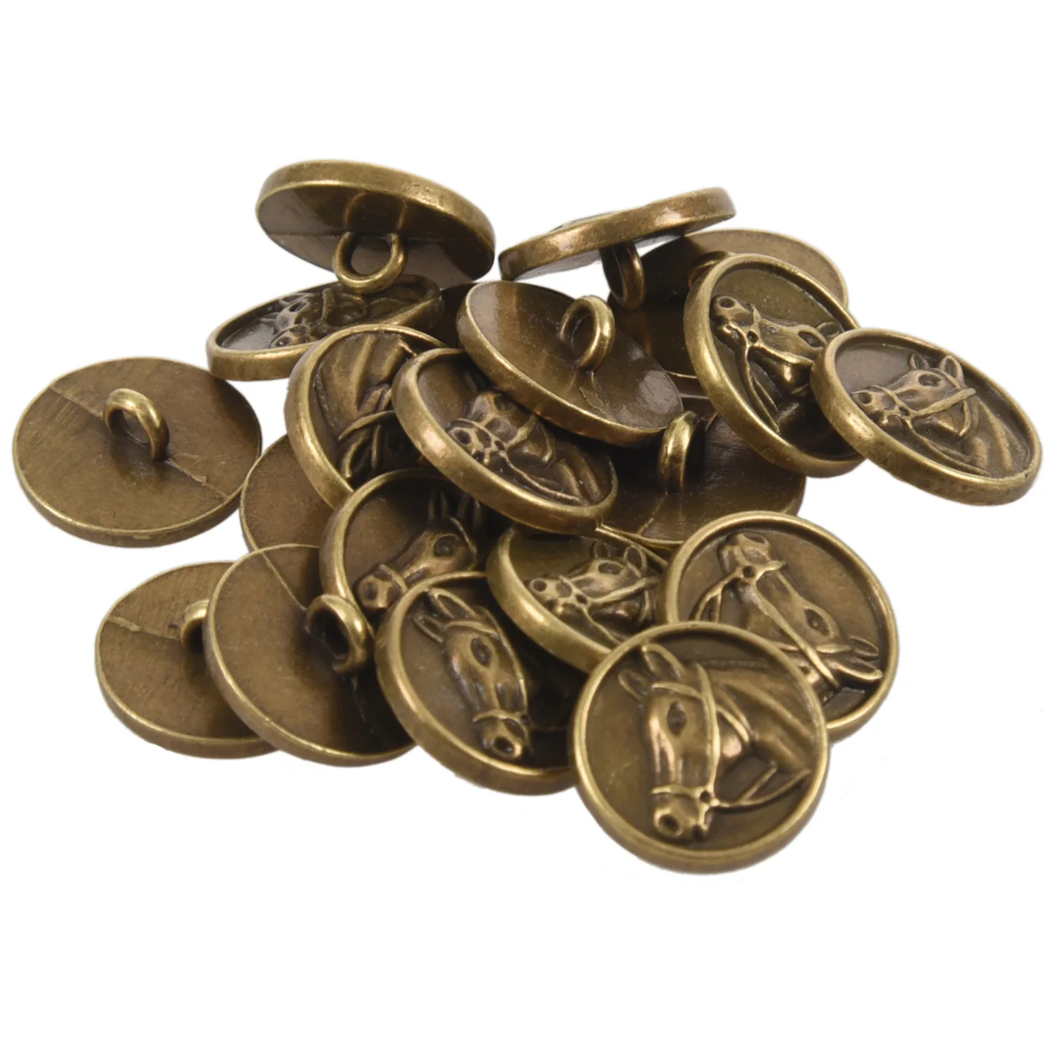 20PCs Zinc alloy Buttons Horse Head Carved Round Bronze Tone 15mm( 5/8 inch)Dia.