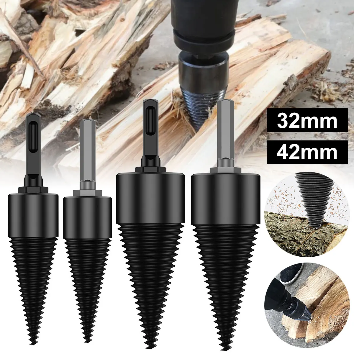 Wood Splitter Drill Bit 32/42mm Splitting Wood Cone Drill Bit Square Handle and Hexagon Handle Heavy Duty High Carbon Steel