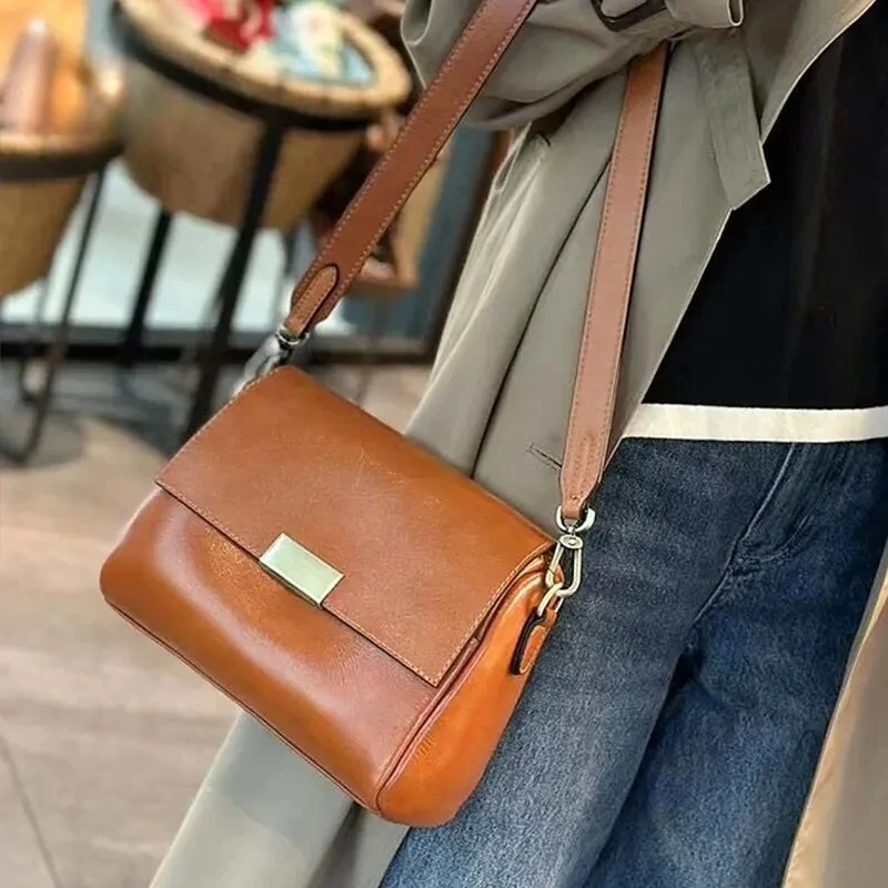 2026 Plant Tanned Cowhide Shoulder Bag for Women Luxury Top Layer Leather Crossbody Purse Versatile Messenger Handbag