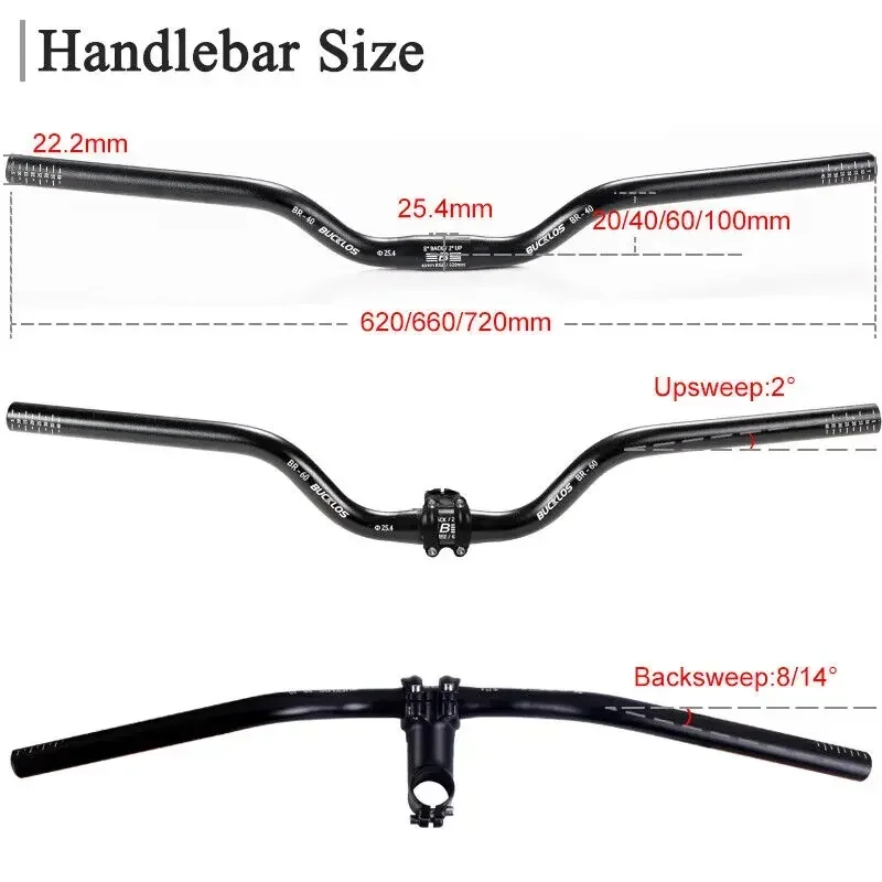 BUCKLOS 31.8*720/780mm Handlebar 90mm Hi-Riser MTB DH Bike Bar 25.4mm Riser 60/100mm U-shaped Bicycle Handle Bar 620mm Cycling