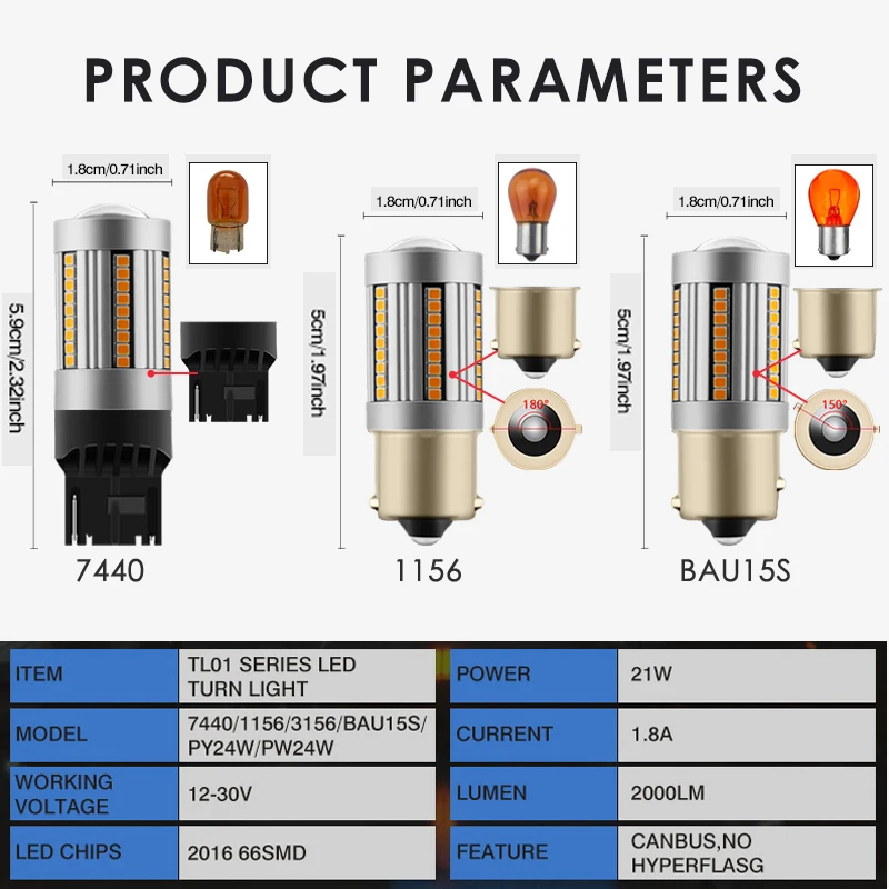 2-Pack Car LED Turn Light Bulb 1156/BA15S/P21W BAU15S/PY21W 7440/WY21W CANBUS No Hyper Flash Indicator 12V 21W 66SMD Amber White