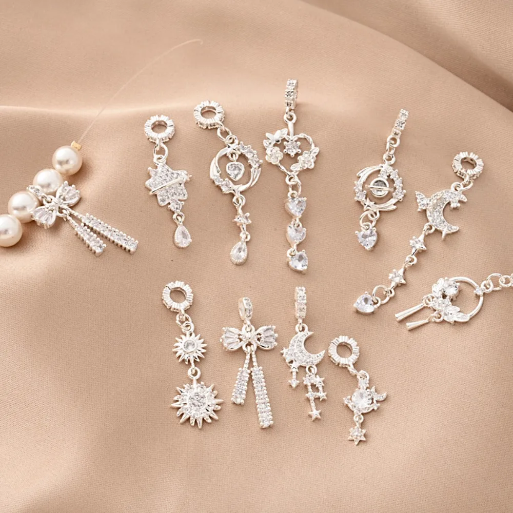 

Copper Plated with Thick Silver and Set with Zircon Beads Small Drop Slip Diy Handmade Bracelet Necklace Tassel Moon Pendant