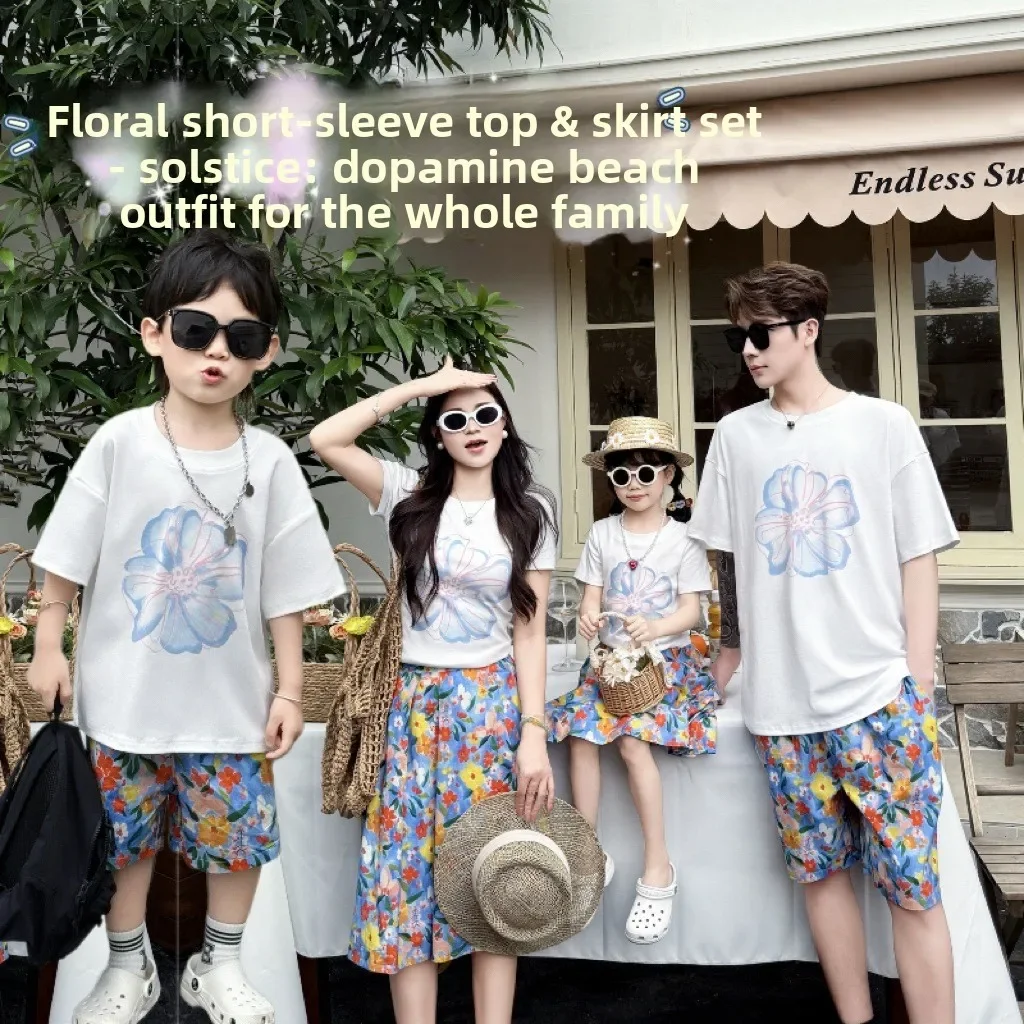 2026 Summer Family Matching Outfits Floral Print Mommy and Me T-Shirt + Skirt Dad & Kid Tee + Shorts Vacation Beach Clothes