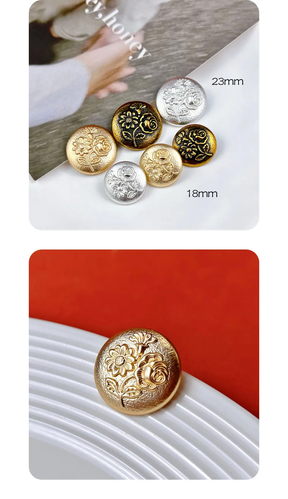 10 Stück Metallknöpfe zum Nähen, dekorative hochwertige Knöpfe für DIY-Bastelarbeiten, Kleidungszubehör, Schnitzblumen-Knöpfe, 18 mm/23 mm – Detail 2