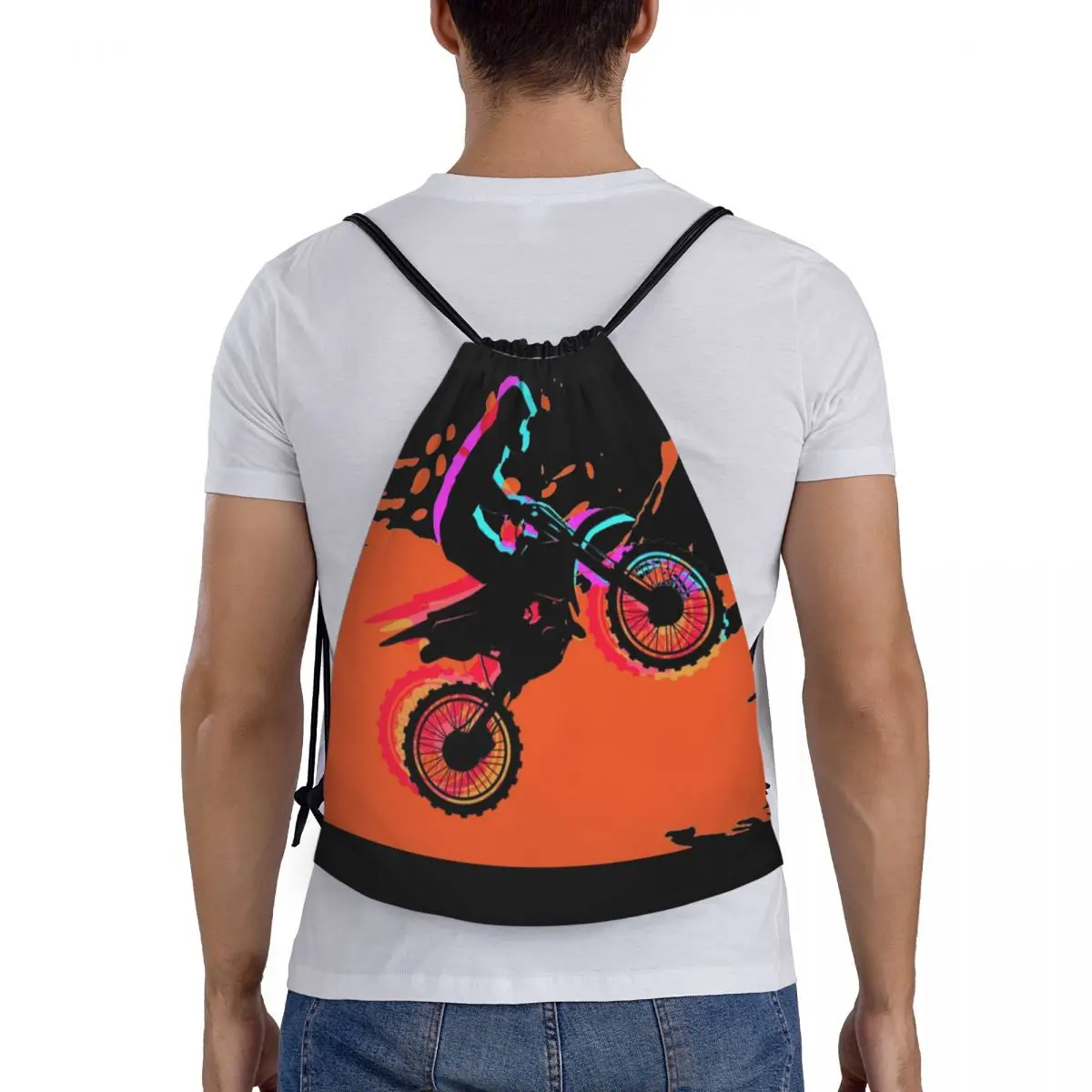 Motocross Rider Dirt Bike With Abstract Portable Drawstring Bags Backpack Storage Bags Outdoor Sports Traveling Gym Yoga