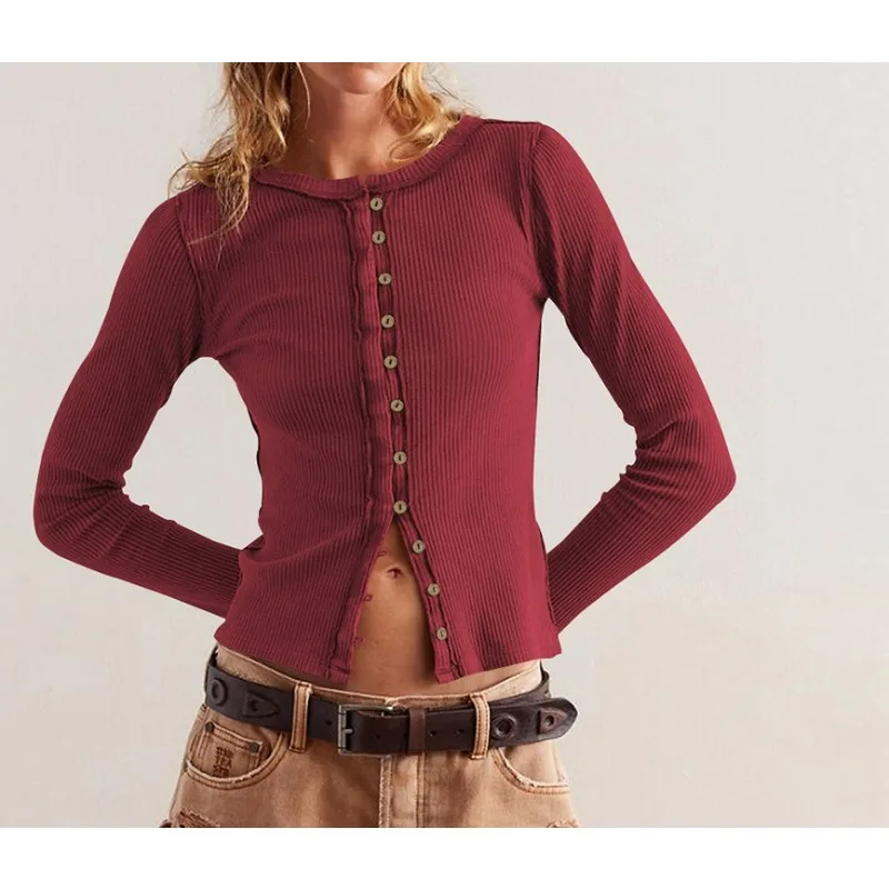 

2025 Women's Long Sleeve Round Neck Button Rib Solid Color Warm Cardigan Jacket in Autumn and Winter