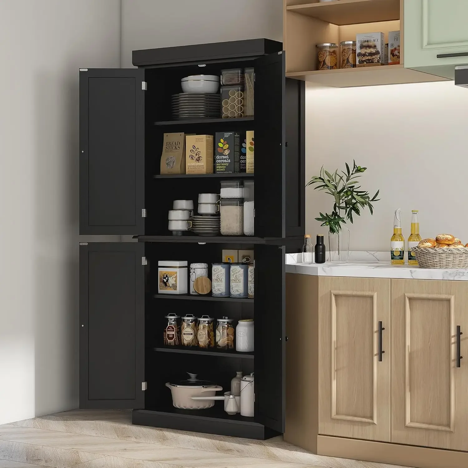 Freestanding Kitchen Pantry Cabinet, Tall Storage Cabinet with 4 Doors and 2 Adjustable Shelves for Dining Room, Black, 72.5