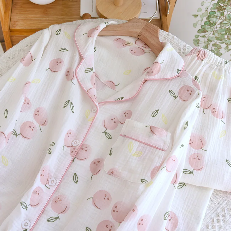 2024 Women\'s Spring/Summer Printed Pajama Set 100%Pure Cotton Thin Long sleeved Two Piece Set Fresh and Sweet Cardigan Home Fury