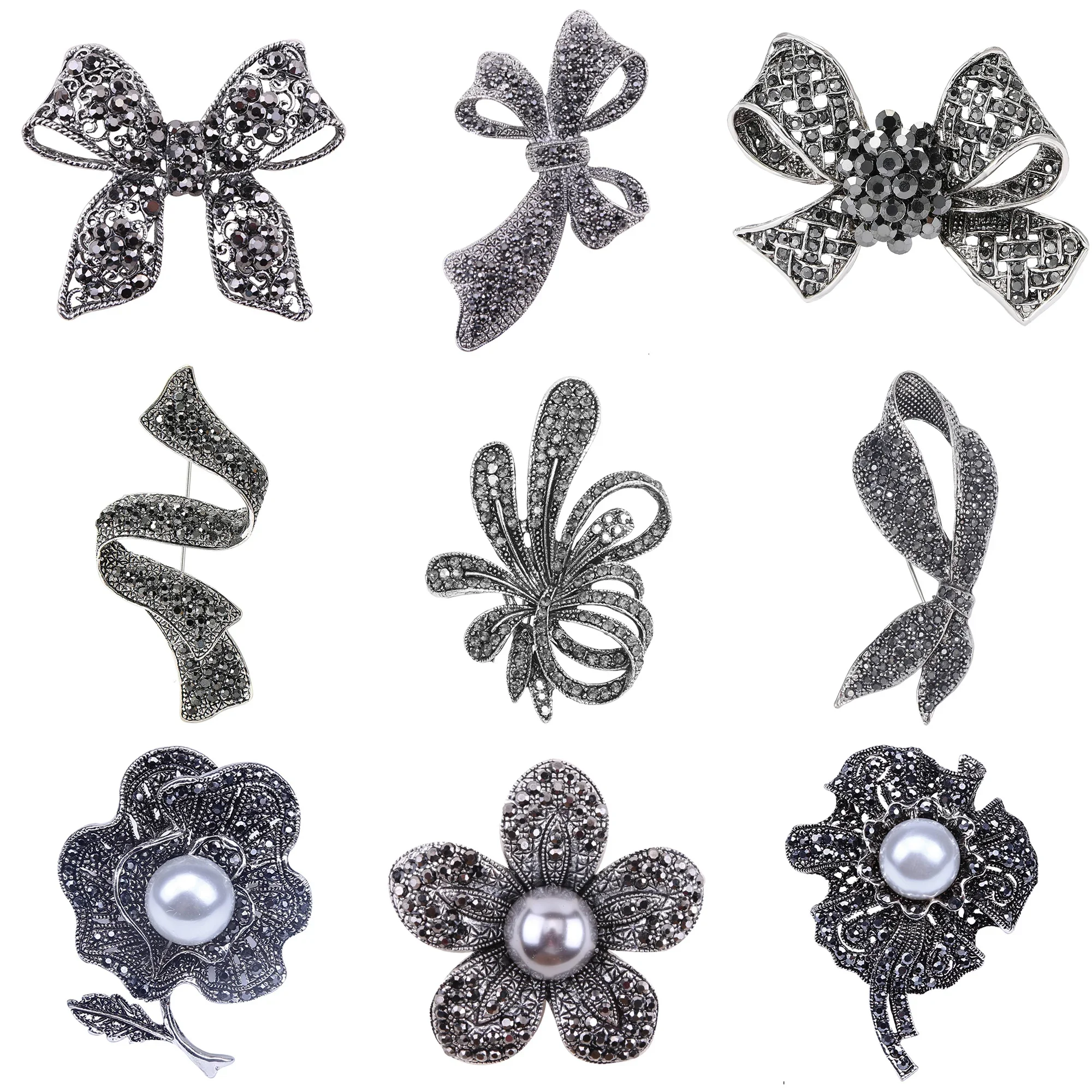 Broches de lazo de diamantes de imitación negros para mujer, Pin de planta de rosa perla, alfileres de solapa de flores, regalos para amigos, fiesta de oficina, accesorios de joyería