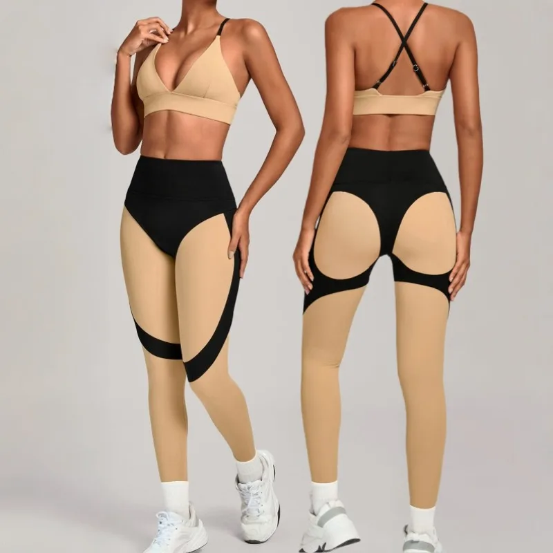 

Women's Color Blocked Yoga Set High Elasticity High Waist Tight Fitting Sports Set Outdoor Running Fitness Suit 2 Piece Set