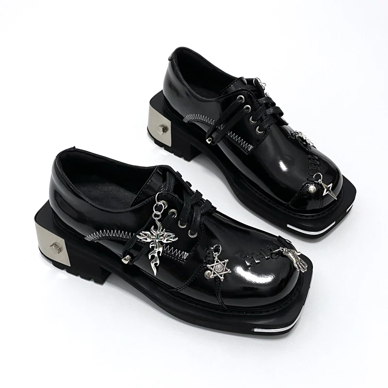 Men Metal Pendant Streetwear Fashion Real Cowhide Genuine Leather High Quality Casual Shoes Man Punk Gothic Motorcycle Shoes