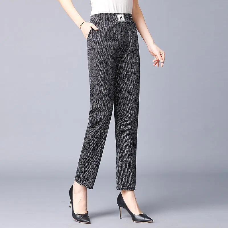 Mom Outfit Spring and Autumn New Stretch Straight-leg Pants Thin Commuter Plaid Pockets Splicing Leisure Versatile Cropped Pants