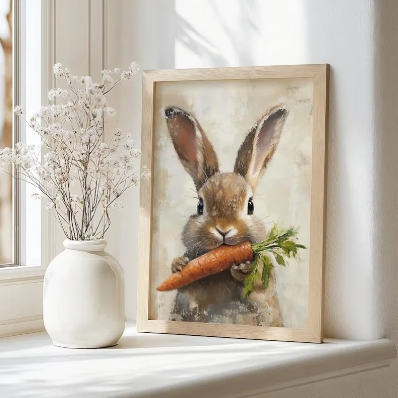 1pc frameless Canvas Painting Easter Bunny Print Cute Easter Rabbit Neutral Spring Flower Easter Bunny Carrot Nursery Wall Art E