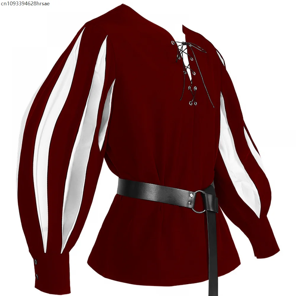 

OP1 Men Medieval Warrior Knight Tunic Shirt Patchwork Larp Pirate Costume Lace Up Tops For Paladin Outfit Without Belt