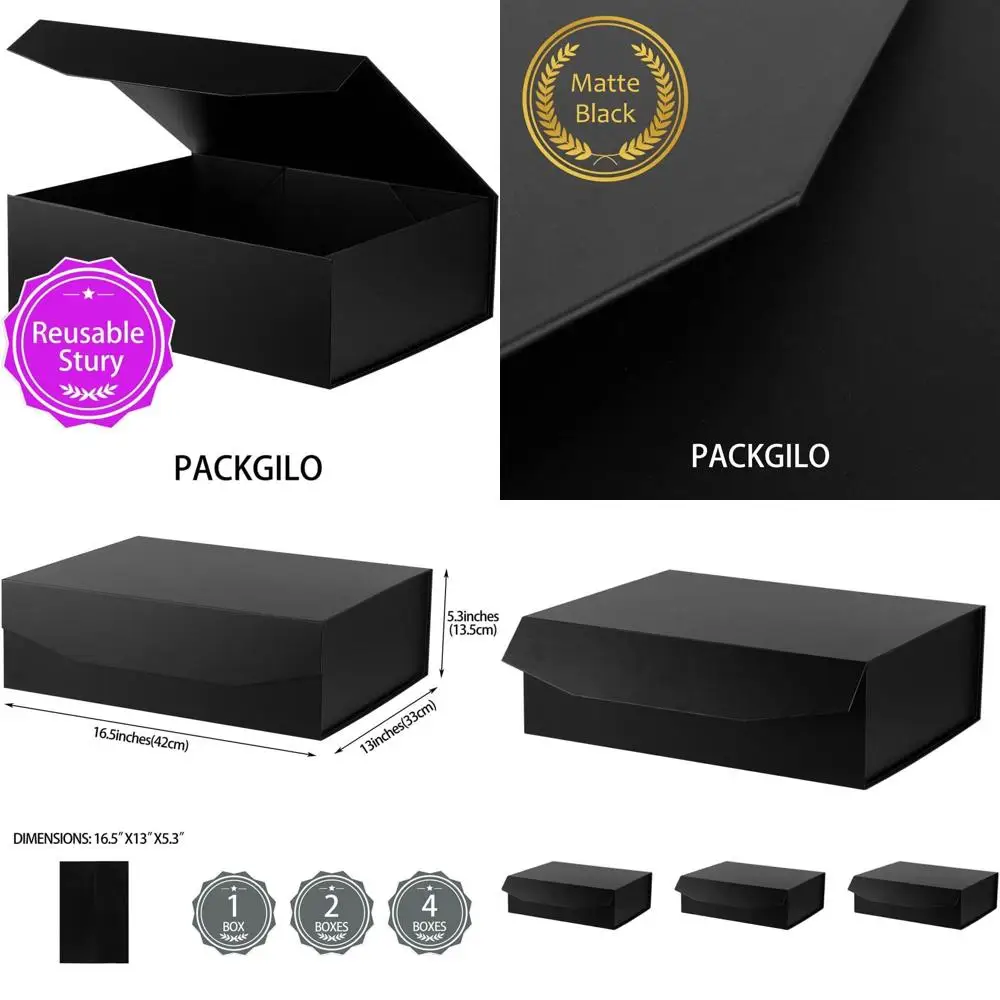 

Набор из 4 больших черных подарочных коробок, 16,5x13x5,3 дюйма, идеально подходят для одежды, свадебных подарков, многоразовые и складные