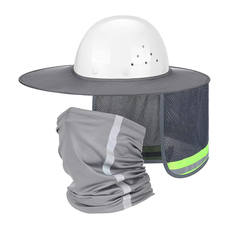 

2 Pcs Construction Safety Hard Hat With Full Brim Sun Mesh, High Vis Neck Gaiter Bandana Face Scarf
