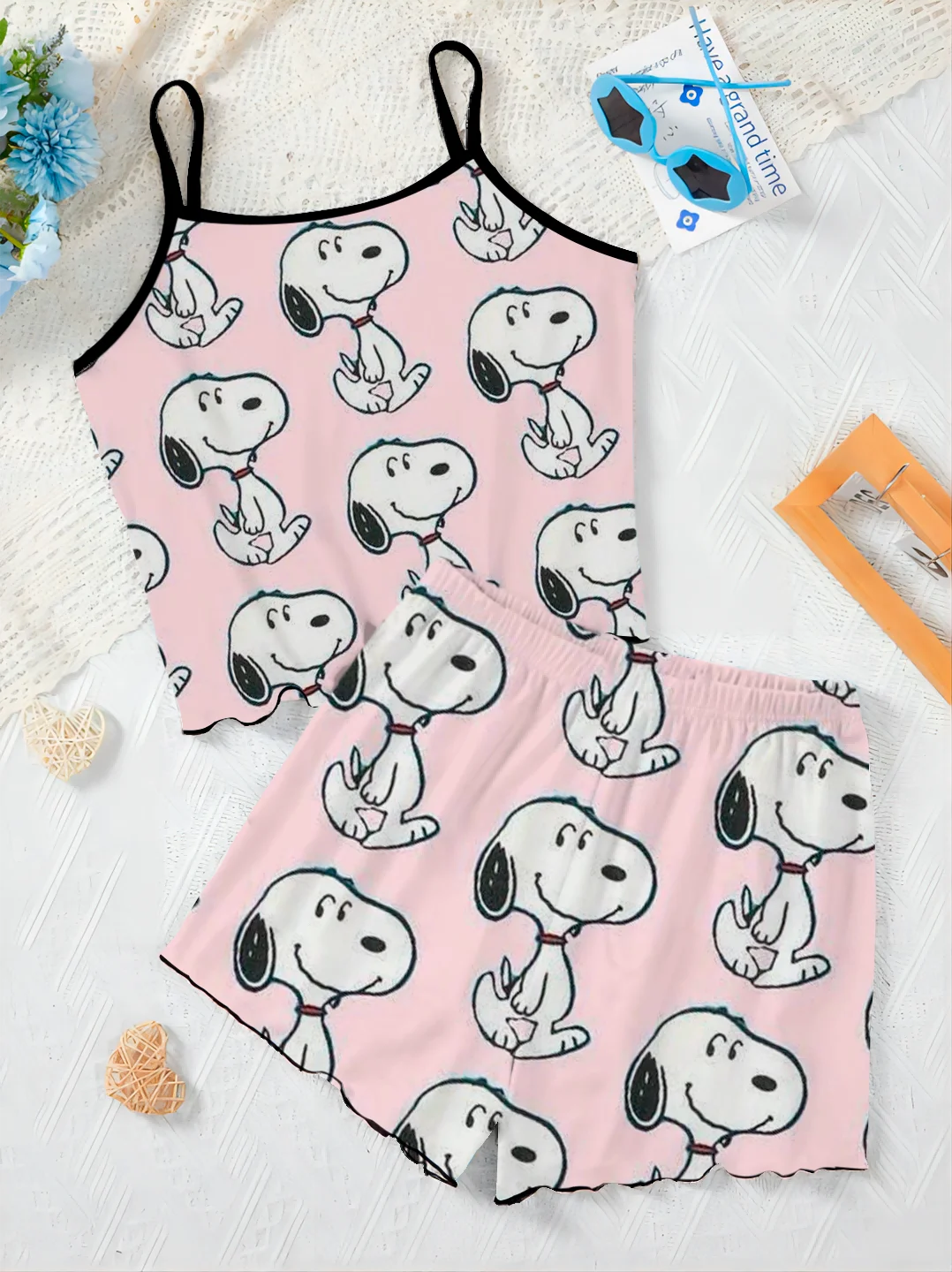 Top Lettuce Trim T-shirt Slip Dress Pajama Skirt Pants Sets for Women 2 Pieces Women's Suit Snoopy Short Elegant Set Woman Chic