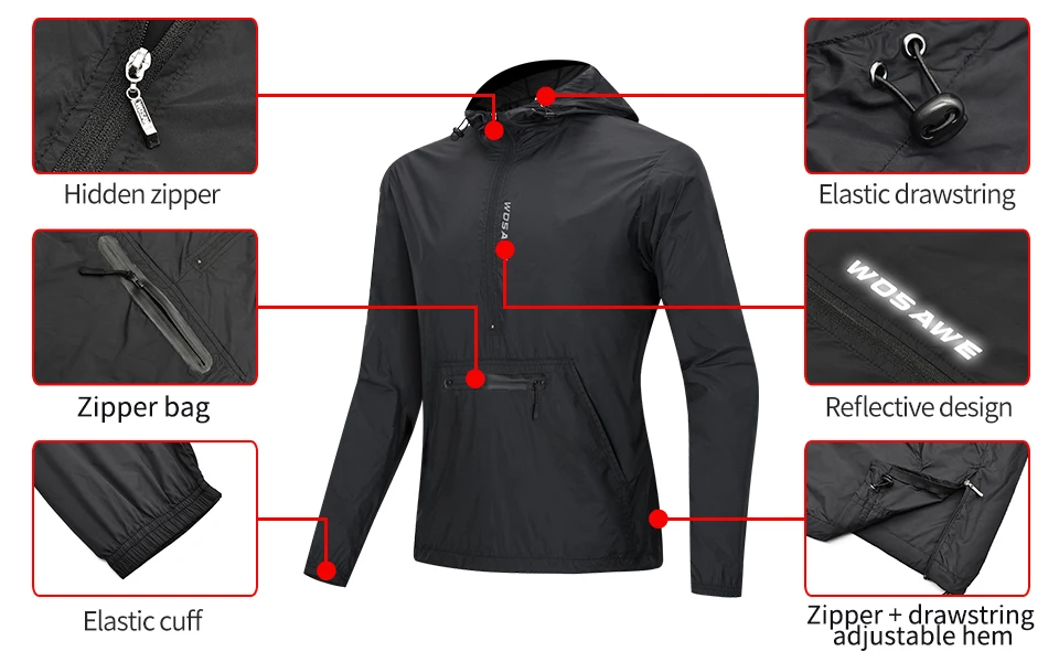 WOSAWE Hooded Cycling Jackets Caps Front Back Storage Pockets Black Rain Repellent Slim Fit MTB Bike Women Men\'s Windbreakers