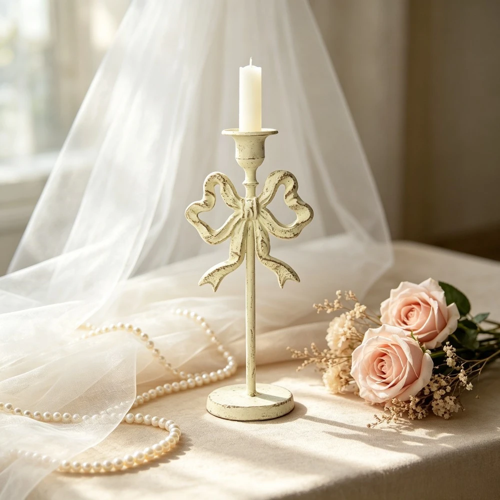 Shabby Chic Bow Metal Candlestick Holder Pink White Distressed Iron Candle Stand For Wedding Table Home Party Decor