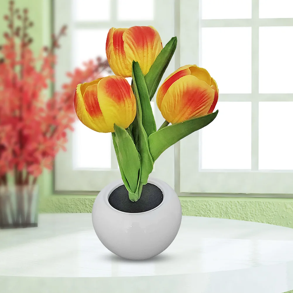 9x22cm Potted Plant Table Lamp Battery Powered Tulips Artificial Light Romantic Gift Flower Night Light for Bedroom Living Desk