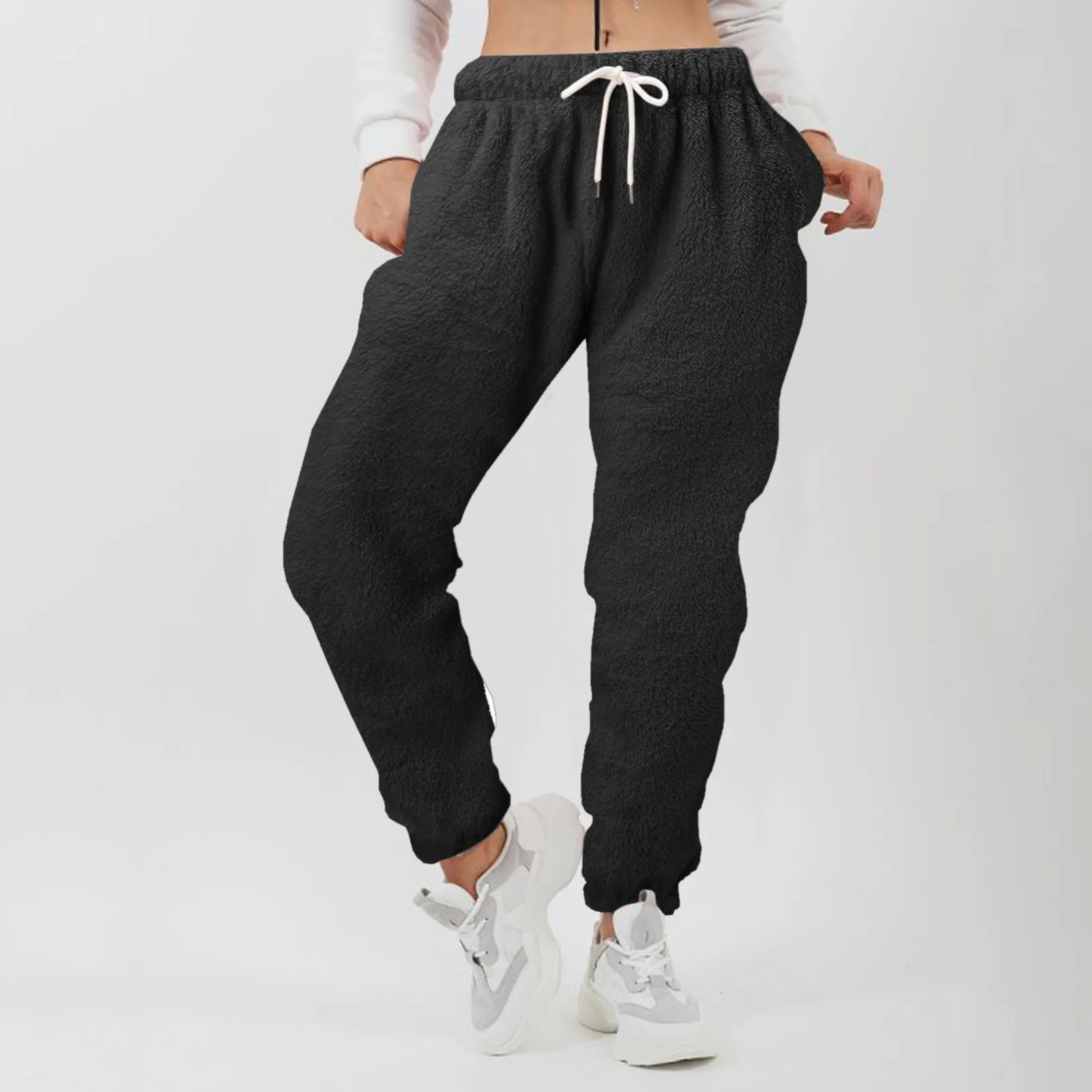 Autumn Winter Fuzzy Sweatpants Women Pockets Pink Elastic High Waist Casual Lounge Home-Wear Loose Joggers Trousers Streetwear