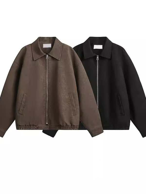 

American Retro Workwear Jaet Men's Loose Casual Khaki Simple Outerwear Spring Autumn Zipper Closure Long Sve Zipper ket