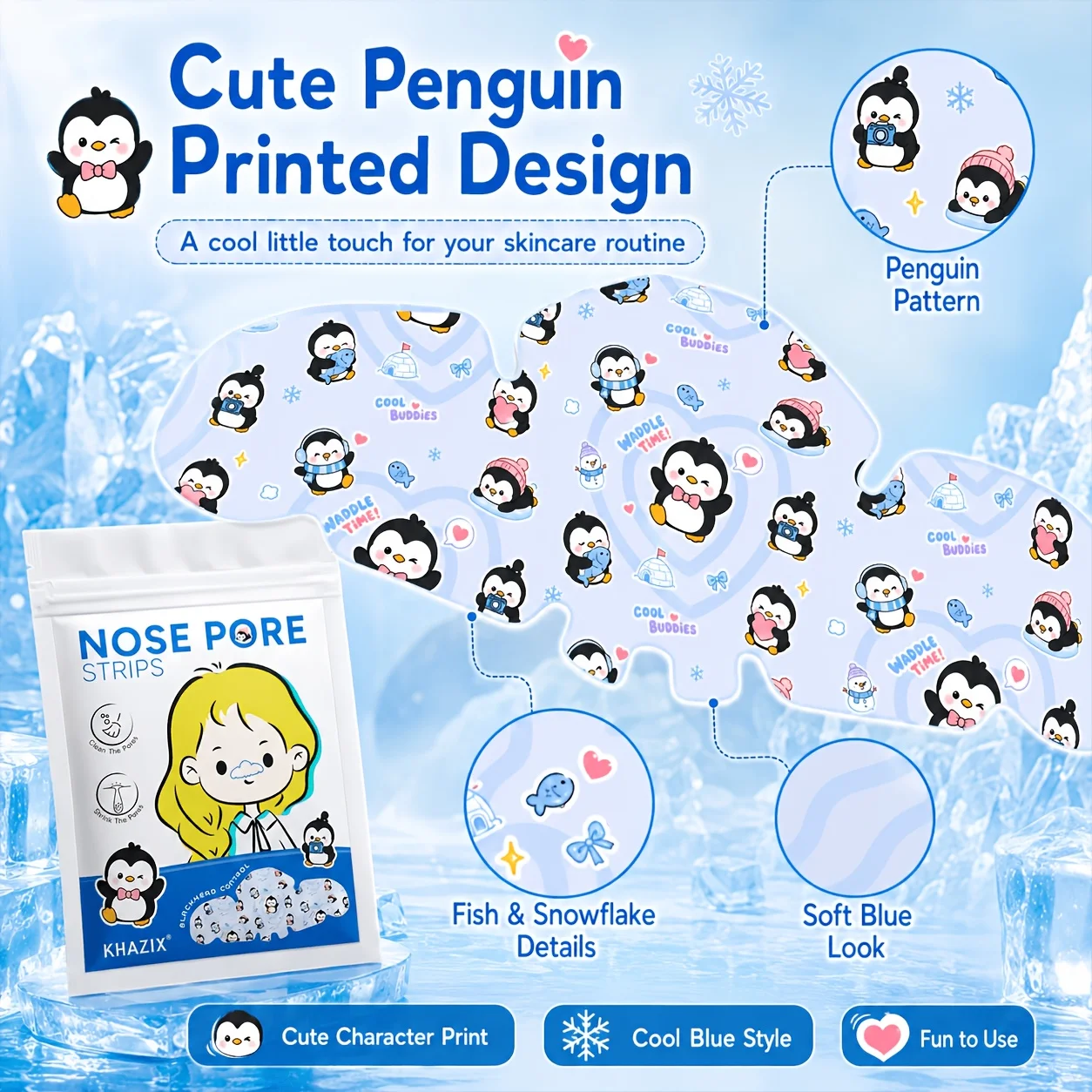 5/20PCS Light blue cartoon penguin cleaning Nasal strip,gentle and non-irritating,help unclog pores,deeply cleans the nasal area