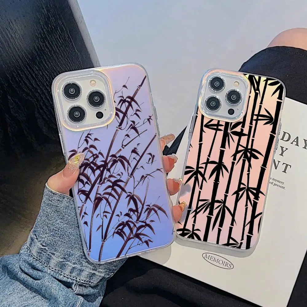 

Bamboo Painting Phone Case For iPhone 17 16 15 14 13 12 11 Pro Max Plus Transparent Aurora Laser Gradient Cover