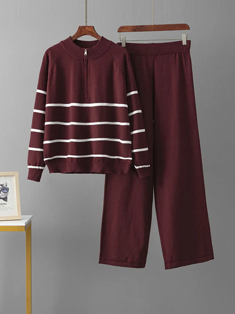 

Шикарный дизайн, вязаный комплект из 2 предметов, женский вязаный полосатый свитер с круглым вырезом на молнии, пуловер Conjuntos, широкие брюки с высокой талией, наряд