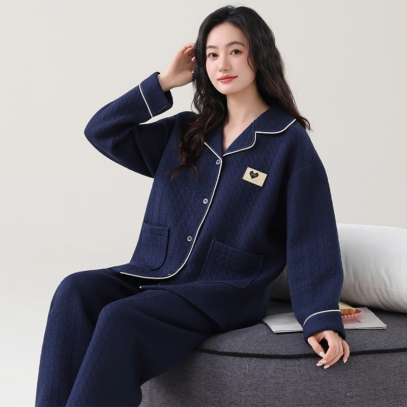Winter Women Pajamas Set Air Clip Cotton Pijama Female Thick Sleepwear