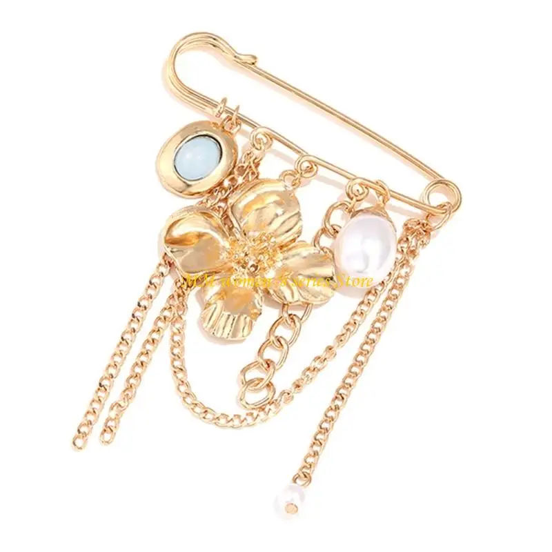 Q39C Flower Brooch Pin with Bead Drop Design for Dress Scarf Use
