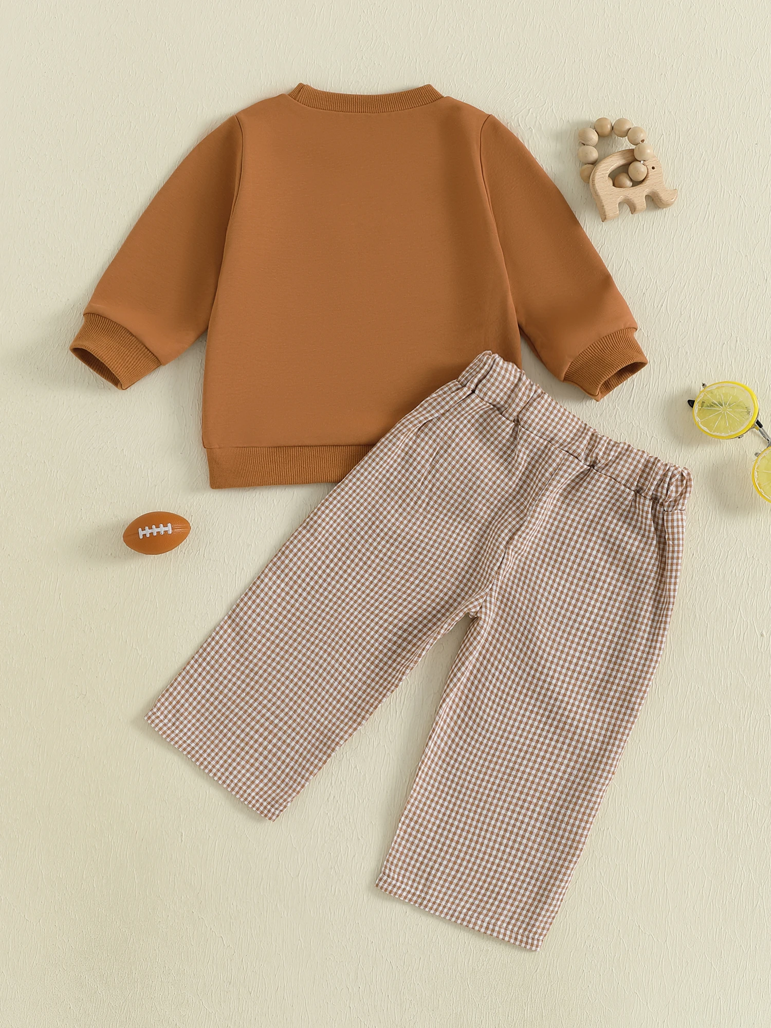 Adorable Toddler Boy Outfit with Cute Dog and Football Embroidery Long Sleeve Pullover and Elastic Waist Plaid Pants for Fall