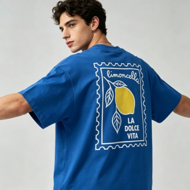 Male 100% Cotton Oversized Tshirt Limoncella LA DOLCE VITA Lemon Stamp Fruit Pattern Short Sleeve Casual Basic Men Tees
