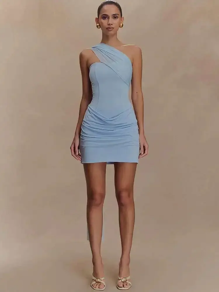 ワンショルダーメッシュパッチワークシャーリングミニドレス女性の背中の開いたセクシーなノースリーブ背中の開いたドレープボディコンエレガントなパーティーウェア