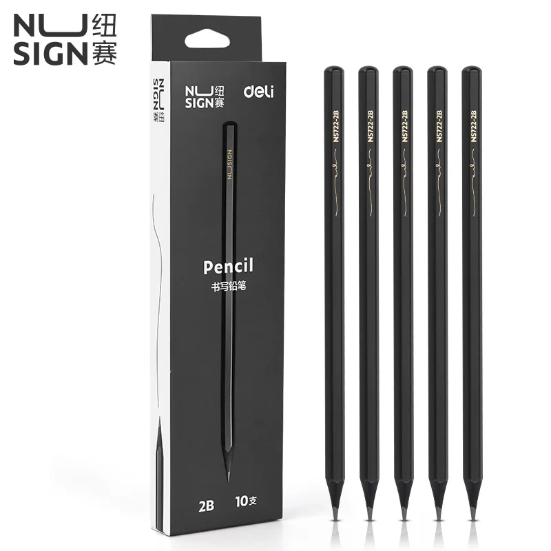 10PCS Deli Nusign NS722 Black Wooden Pencils HB/2B Hexagonal Lead Optional Graphite Writing Tools Pack